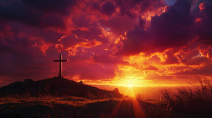 Obraz premium Majestic Sunset Behind the Christian Cross on a Rugged Hilltop Symbolizing Hope and Faith