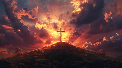Fotobehang Majestic Sunset Behind the Christian Cross on a Rugged Hilltop Symbolizing Hope and Faith © Farnaces