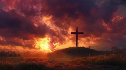 Foto op Canvas Majestic Sunset Behind the Christian Cross on a Rugged Hilltop Symbolizing Hope and Faith © Farnaces