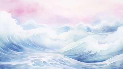Blue and pink sea waves during a storm, background image in watercolor style with overflows