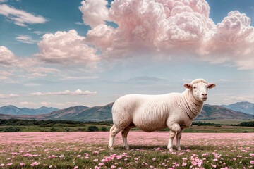 Portrait of a white sheep on the background of a landscape