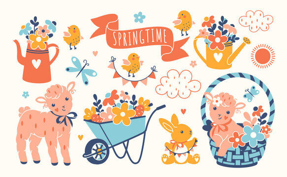 Spring sticker collection. Adorable Easter holiday animals and decorations. Bright vector clipart. Hand drawn bunny, flowers, wheelbarrow, watering pot, chicken and lamb isolated on white background.