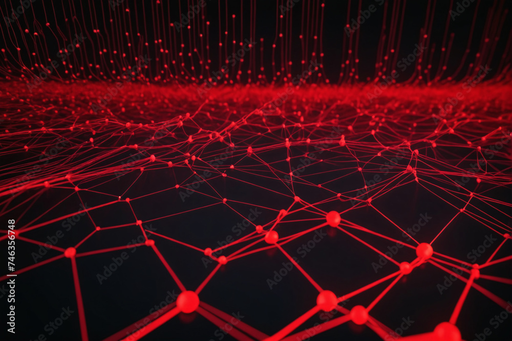 Poster Cyber big data flow. Blockchain red data fields. Network line connect stream