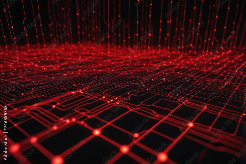 Poster Cyber big data flow. Blockchain red data fields. Network line connect stream