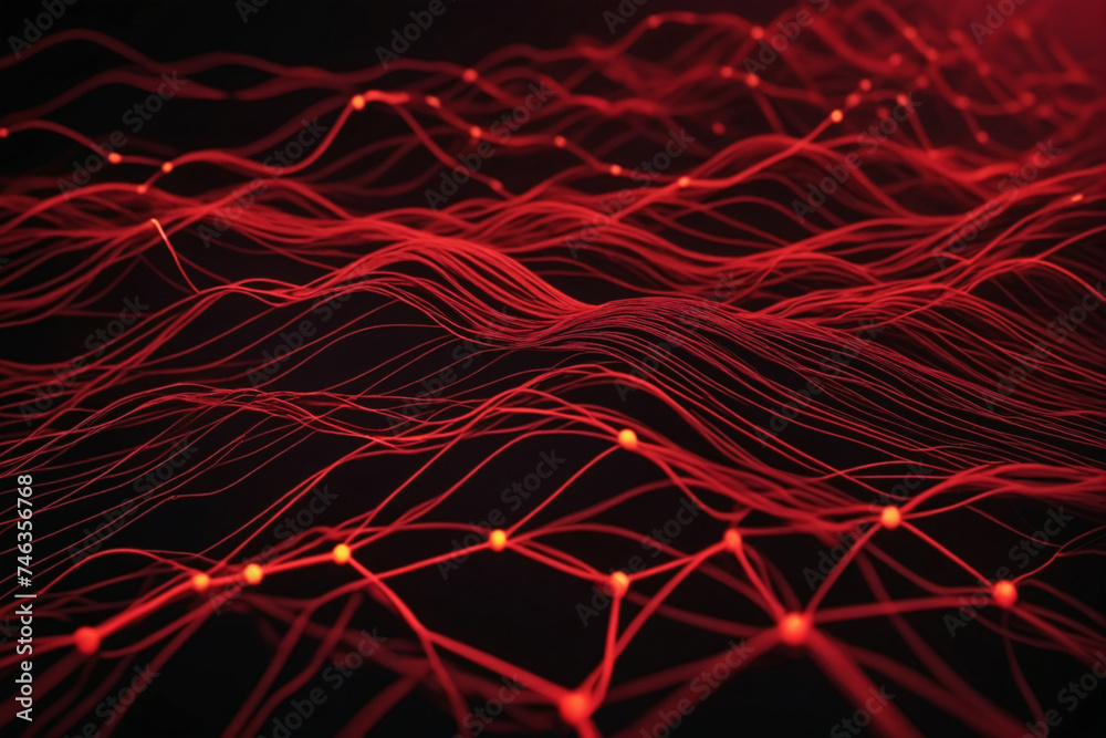 Poster Cyber big data flow. Blockchain red data fields. Network line connect stream