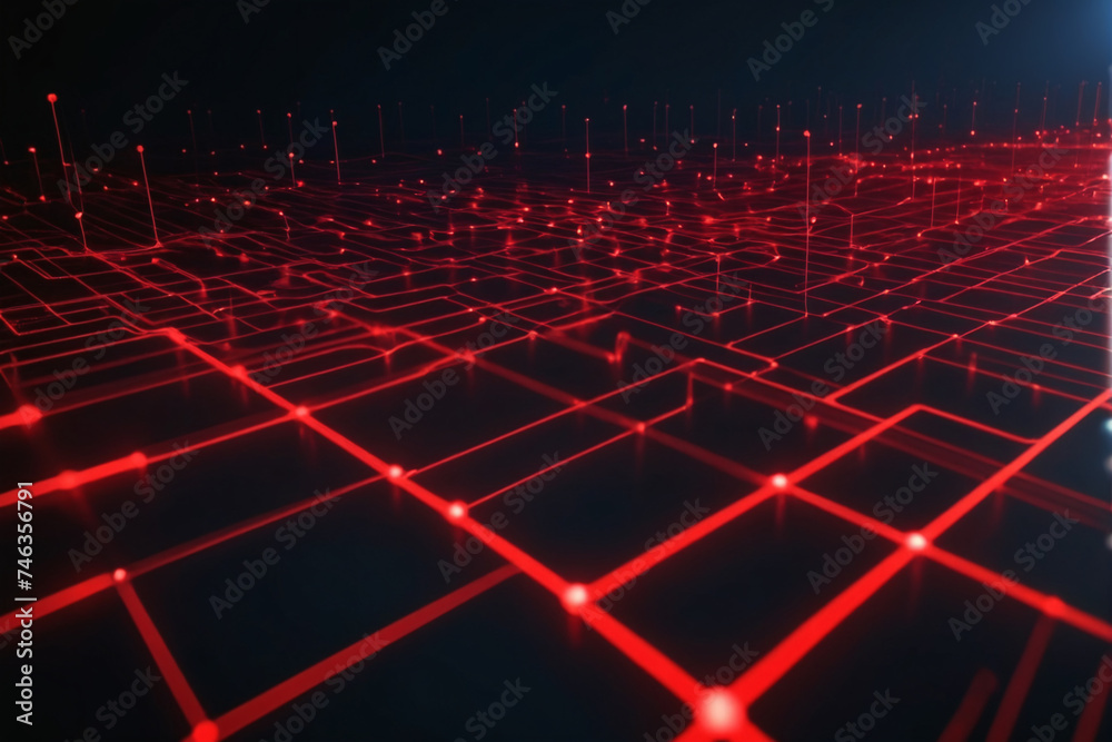 Poster Cyber big data flow. Blockchain red data fields. Network line connect stream