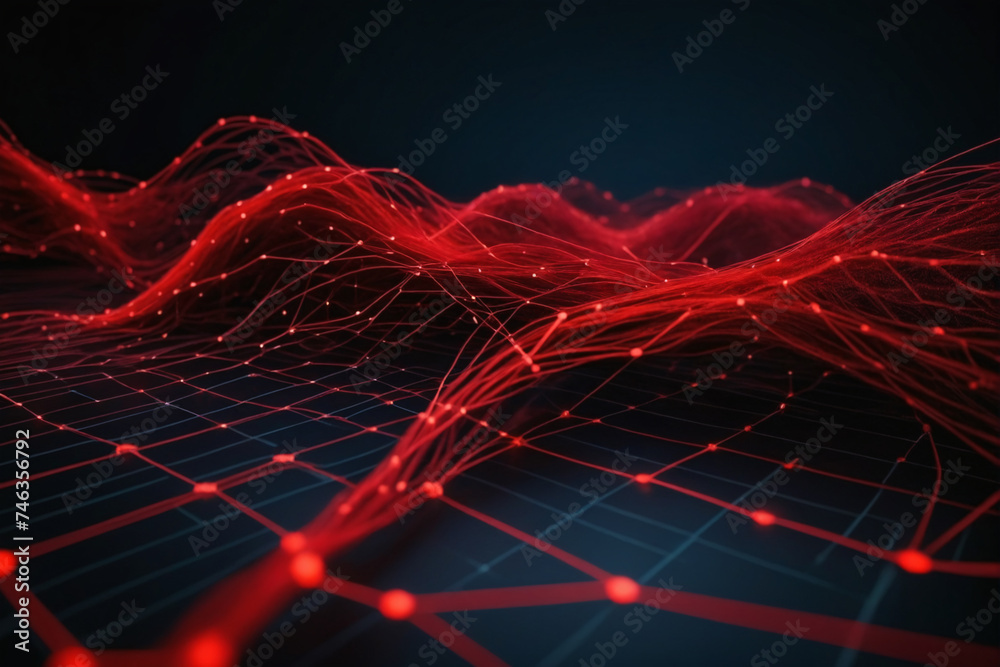 Poster Cyber big data flow. Blockchain red data fields. Network line connect stream