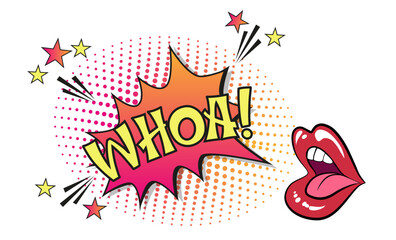 Obraz premium Comic lettering whoa. Vector bright cartoon illustration in retro pop art style. Comic text sound effects. EPS 10.