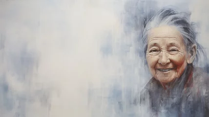 Fotobehang portrait of an old Asian, oriental woman, wise grandmother, art work painting with paint background copy space impressionism style © kichigin19
