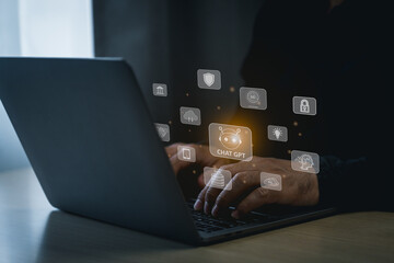 Fototapeta premium Businessman use laptop with digital chatbot, chat icons, robot application, conversation assistant, Artificial Intelligence concept, digital chatbot virtual screen. Automatic AI.