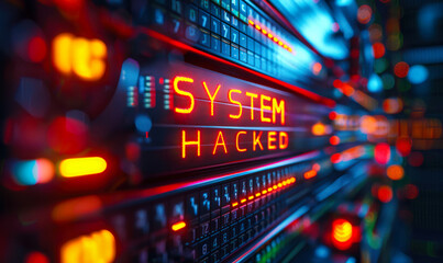 Alarming SYSTEM HACKED alert flashing on a server data panel, illustrating a cyber security breach with glowing lines of vulnerable code - obrazy, fototapety, plakaty