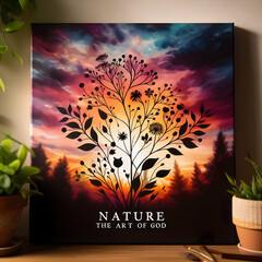 A silhouette of beautiful plants on canvas with a colorful sunset background and a quote that says 'Nature is the art of God', illustration, natural, Ai generated 