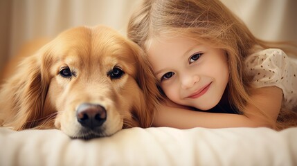 Young girl bonding with beloved family labrador retriever dog, cozy moment with copy space for text
