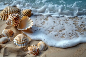 Fototapeta na wymiar A serene beach landscape adorned with shells under a summer sky invites relaxation.