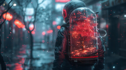 Cyberpunk figure with glass backpack and oxygen tree, atmospheric, aetherclockpunk, chemical reactions.generative ai