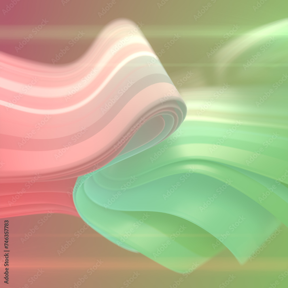 Poster Smooth wave of colored fabric stripes with trendy gradient. Modern background. 3d rendering digital illustration