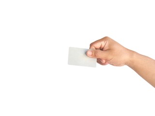 Male hand making a gesture holding a gray card or gray business card. Some types of documents ID card or passport Isolated on a white background.