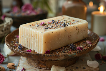 Spa with homemade organic soap, lavender and fresh flowers.