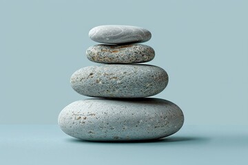 Carefully arranged pebbles on a blue background symbolize Zen balance and harmony, promoting relaxation and spiritual well-being.