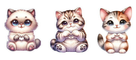 Cute Cats Giving Heart Hand Sign. Watercolor Clipart