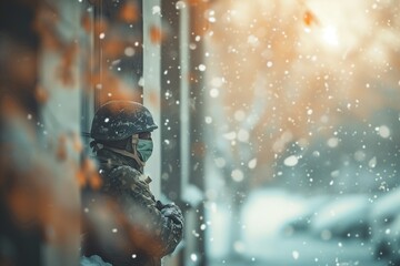 A distant view of a soldier with a mask and helmet, standing guard outside a building, snow gently falling around, creating a soft, blurred background.