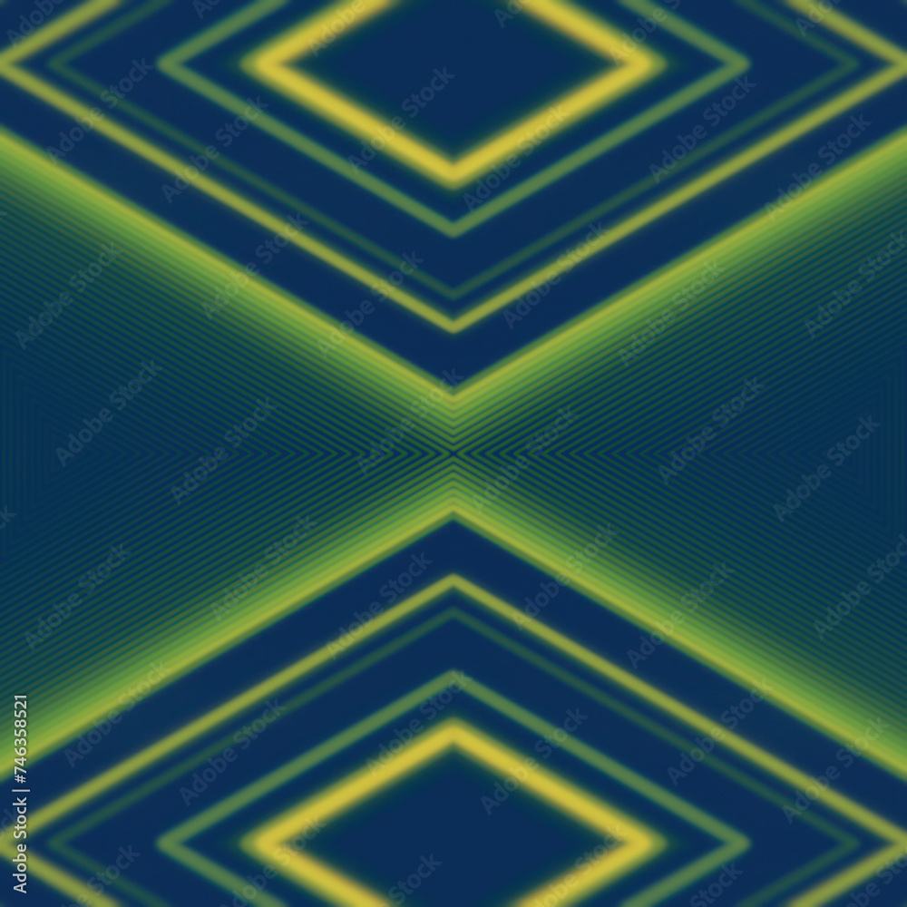 Poster Digital 3d rendering illustration with symmetrical abstract design with yellow glowing waves on dark blue background