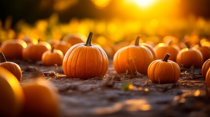 Pumpkin harvest on blurred background - thanksgiving and halloween concept with copy space