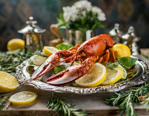 Boiled lobster adorned with lemon, greens and rosemary on a silver platter  served on luxury restaurant table