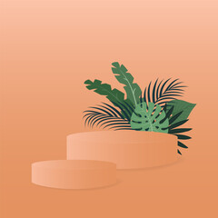 Abstract background in trendy color 2024 "Apricot Crush" with tropical leaves and  two stands (podium, pedestal).