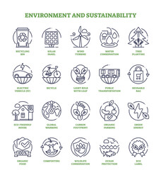 Environment, eco and sustainability elements in outline icons collection set, transparent background. Labeled recycling, forestation, and ecological lifestyle items illustration.