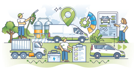 Fleet management with modern logistics monitoring system outline concept, transparent background. Vehicle maintenance and charging in effective freight business station illustration.