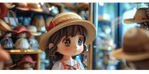The reflection of a chibi girl trying on hats in a boutique mirror, a quest for the perfect accessory - obrazy, fototapety, plakaty