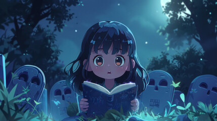 Twilight tales as a chibi girl reads stories to an audience of enchanted tombstones, a magical bedtime - obrazy, fototapety, plakaty