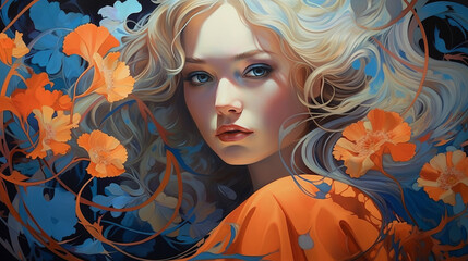Beautiful Woman. Wallpaper background depicting fantasy art. vibrant hues of autumn leaves in her hair, capturing the essence of seasonal grace and natural beauty