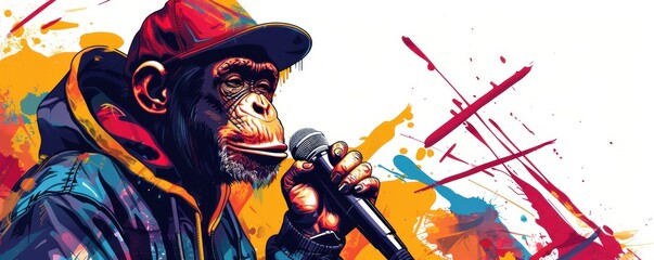 Vibrant hip-hop monkey and mic logo, energetic strokes isolated on white - obrazy, fototapety, plakaty