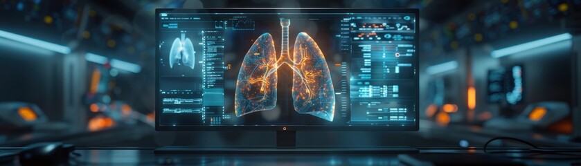 Wide angle of radiology work on virtual human lungs, medical environment