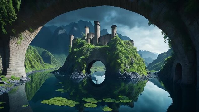mystical plateau under dep sea, old roman aquaduct with flowing water, depth of field, Italian fortress and towers