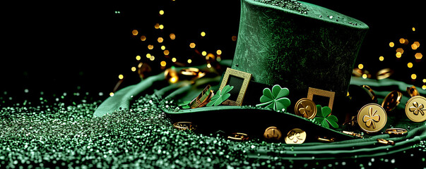 St. Patrick's Day Holiday Promotion Banner. A charming St. Patrick's Day setting featuring a traditional leprechaun hat, beer, gold, pot