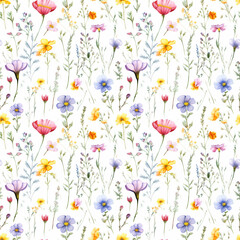 Fototapeta na wymiar Watercolor Wild Flowers Seamless Pattern, Aquarelle Wildflowers Background, Watercolor Botanical Tile