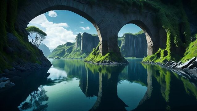 mystical plateau under dep sea, old roman aquaduct with flowing water, depth of field, Italian fortress and towers