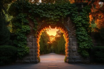 Fototapeta premium A majestic, stone archway overgrown with ivy, marking the entrance to an ancient kingdom at sunset. Soft light filters through the leaves, creating a magical, welcoming atmosphere.