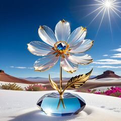A cosmos flower, crafted from crystal glass, gemstones, and gold, stands elegantly against a desert backdrop, radiating surreal beauty amidst falling snow.(Generative AI) 