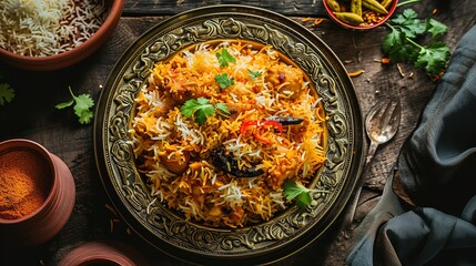 Top View Fish Biryani on a Wooden Plate on a White Background