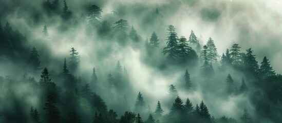 A dense forest shrouded in thick fog, with numerous tall trees standing amidst the mist. The fog creates a mystical and mysterious atmosphere in the forest.