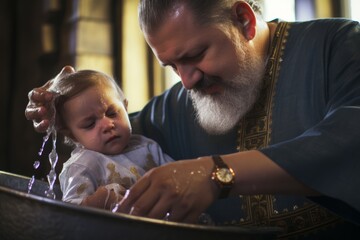 
Orthodox priest in his 50s baptizing a newborn baby girl in a traditional font of holy water