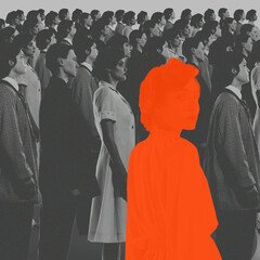 Orange female silhouette standing in monochrome crowd of people. Conceptual design. Social...