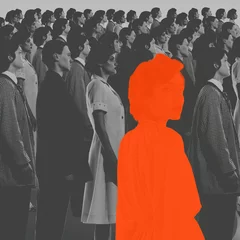 Gardinen Orange female silhouette standing in monochrome crowd of people. Conceptual design. Social conformity versus personal identity. Concept of psychology, loneliness in society, difference © master1305
