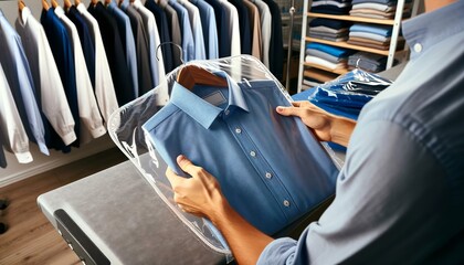 Close-up of a person's hand carefully selecting a neatly ironed, bright blue shirt,wrapped in a transparent cloth cover, with a row of similarly prepared shirts hanging in the background. AI generated