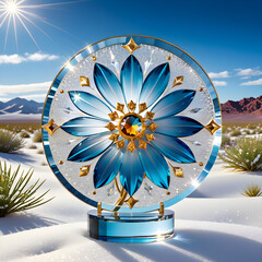 A cosmos flower, crafted from crystal glass, gemstones, and gold, stands elegantly against a desert backdrop, radiating surreal beauty amidst falling snow.(Generative AI) 