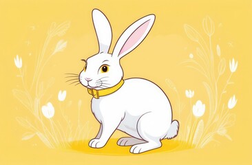 White fluffy Easter bunny sitting among flowers. Spring Easter illustration on pastel yellow background.